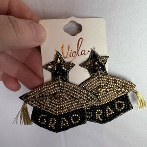 Viola Black And Gold Graduation Cap with Tassle Beaded Dangle Earrings NWT